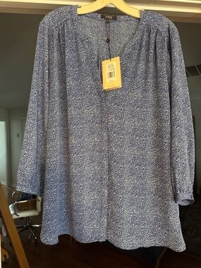 NYDJ Blue White Leaf-Print Button Blouse